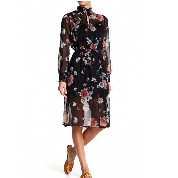 love, Fire Dresses & Skirts - Love, Fire | Synthetic Mock Neck black floral midi dress